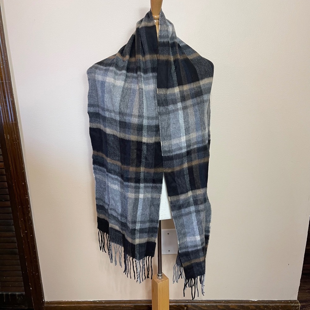 V. Fraas Cashmink Scarf Made in Germany Plaid Black Grey Tan Fringed Unisex